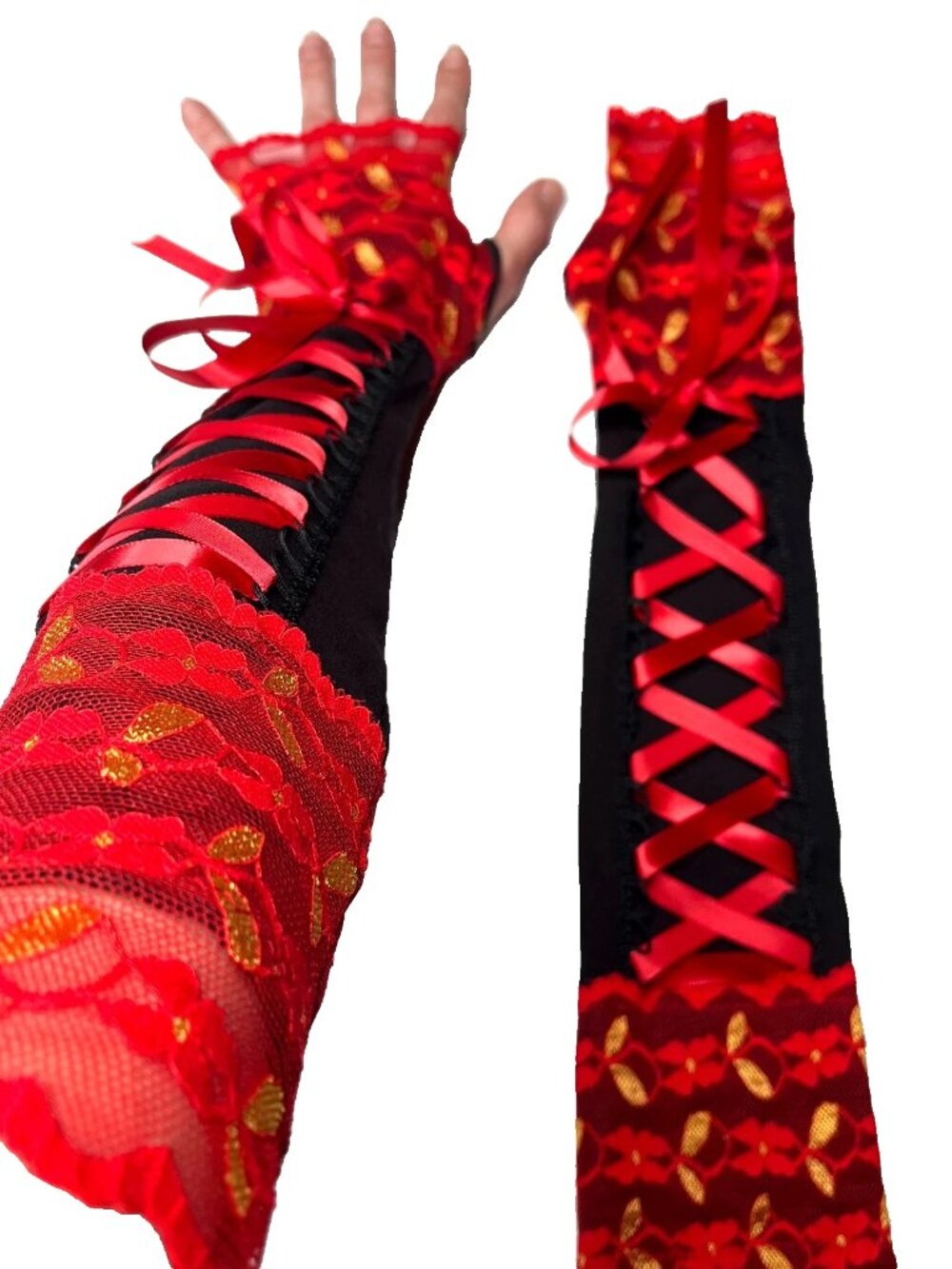 Long Corset Fingerless Gloves Black Red Gold Floral Lace Up Arm Sleeves Wedding
